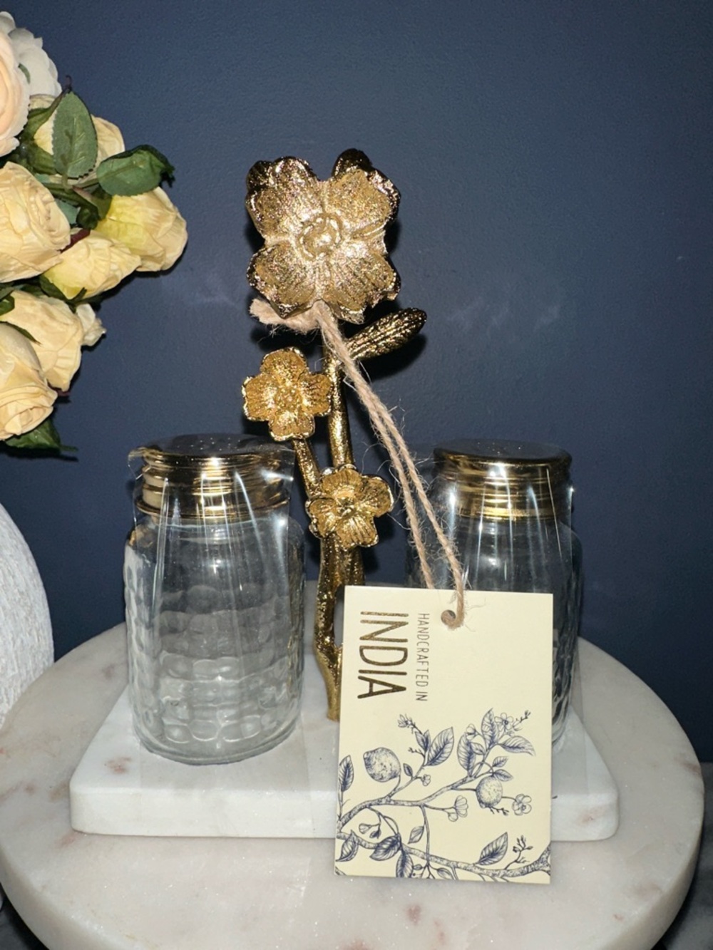 Handcrafted India marble Metal Gold Floral salt and pepper shakers